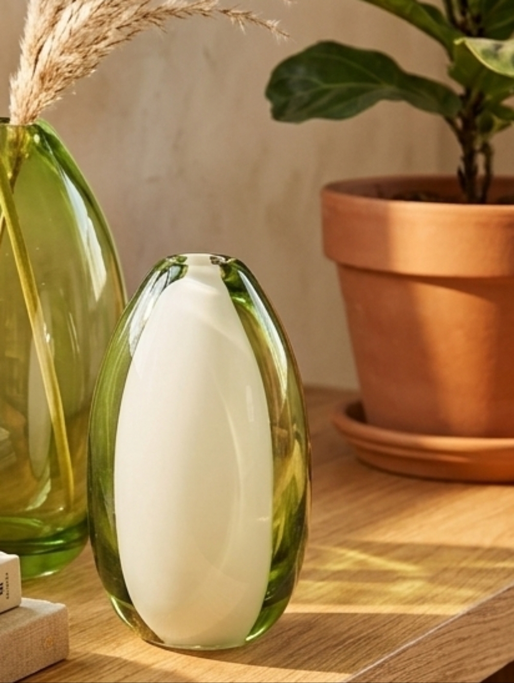 Handmade Green & White Blown Glass Flower Vase – Elegant Cylinder for Wildflower
